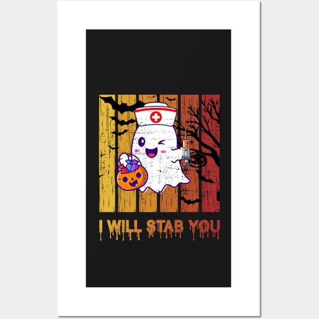 I Will Stab You Ghost Nurse Retro Funny retro  Halloween  nursing For Nurses Wall Art by YOUNESS98